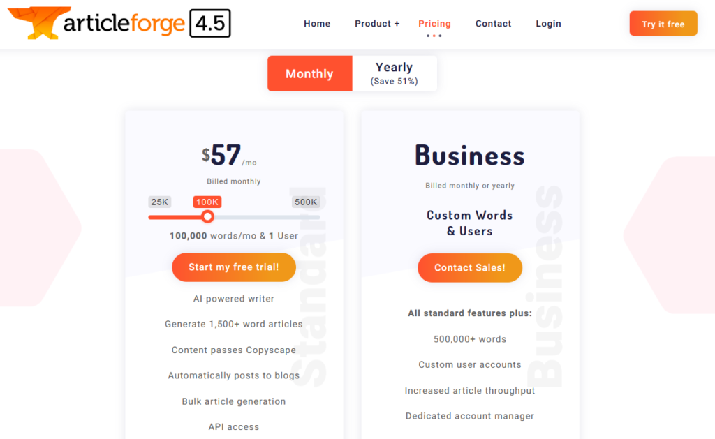 Article Forge 4.5 Pricing Table