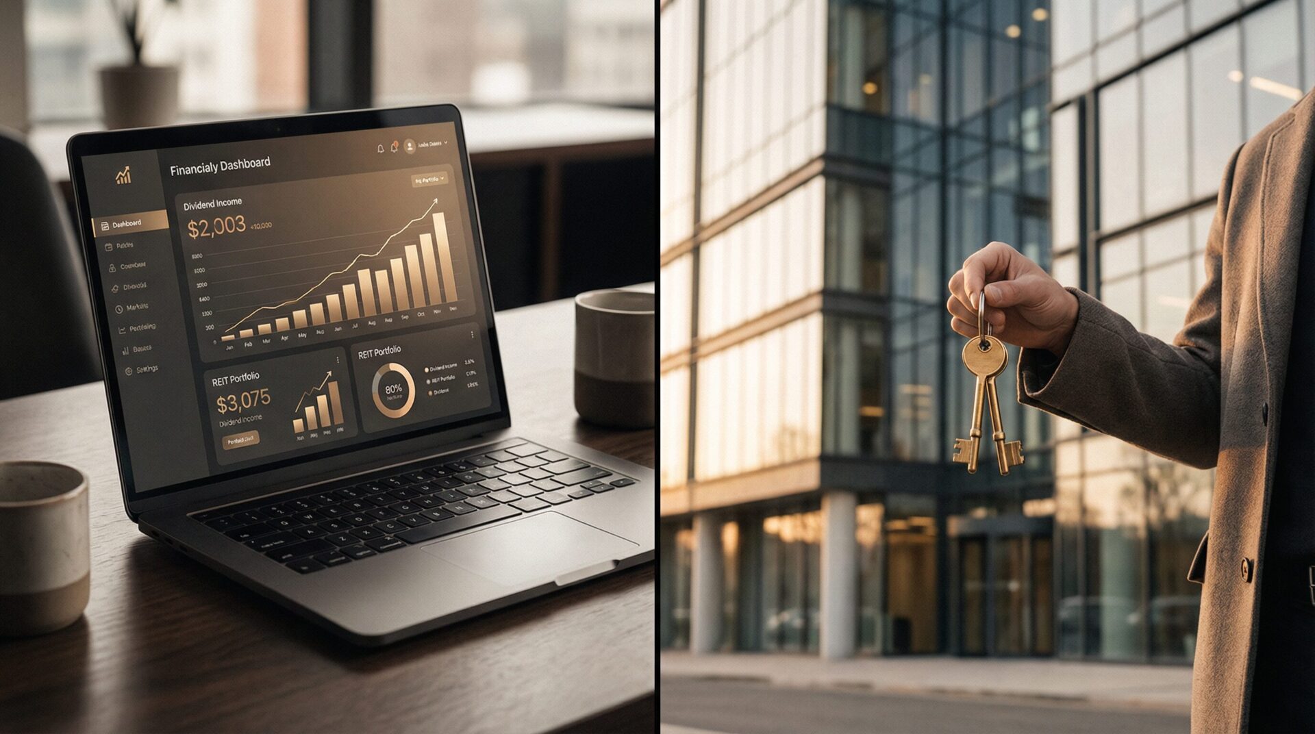 split comparison of REIT stock ticker and physical commercial building
